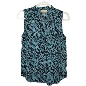 Ann Taylor LOFT Factory Button Up Tie Neck Floral Blouse Tank Top Small Blue